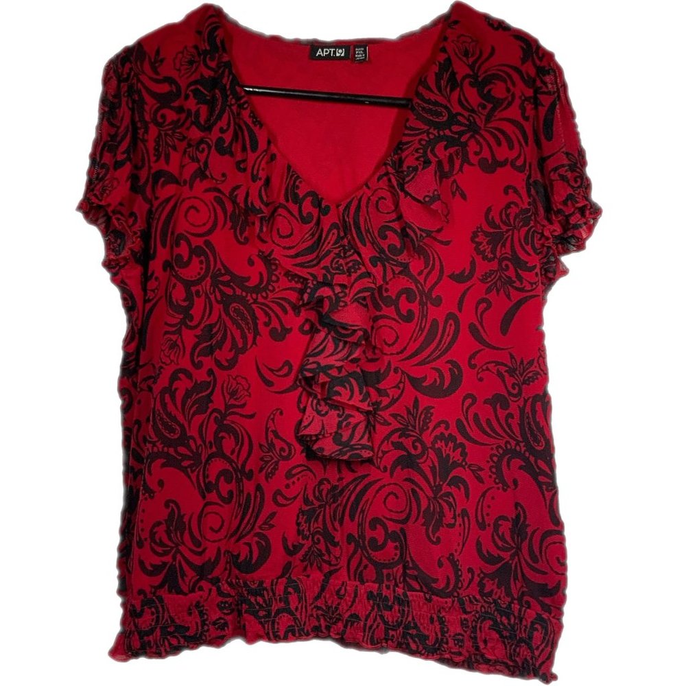 Apt. 9 Petite XL Red Black Brocade Mesh Ruffle Front Top